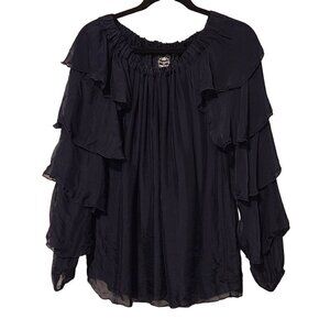 Le Marais Paris silk blouse women size S navy blue sheer ruffles long sleeve